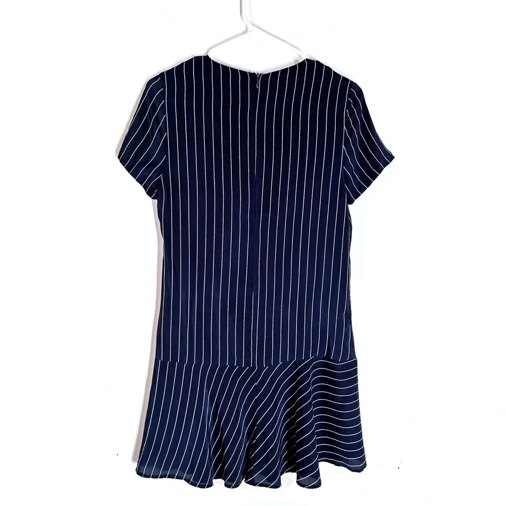 Amour Vert Pin Stripe Ruffle Hem Silk Mini Dress In Navy Blue Size S - Picture 6 of 9
